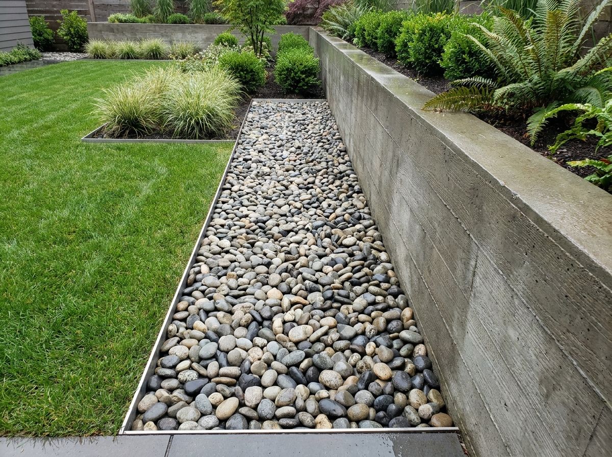 Kiesstreifen als Drainage entlang einer Betonmauer